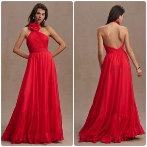 New! Mac Duggal Size 4 Red Asymmetrical Halter Neck Tiered A Line Gown 68209
